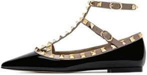 Lymphvity Women's Closed Pointed Toe Studs T-Strap Flat Shoes Fashion Adjustable Ankle Strap Rivet Gladiator Flats Dress Shoes for Work Party (Black,8.5)