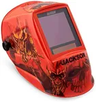 Jackson Safety Premium Auto Darkening Welding Helmet 3/5-13 Shade Range, 1/1/1/1 Optical Clarity, 1/20,000 sec. Response Time, 370 Speed Dial Headgear, Hellfire Graphics, Red/Black, 47101