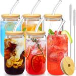 Duscdesp Iced Coffee Cup,Glass Cups with Lids and Straws,Drinking Glasses with Bamboo Lids and Glass Straw,16oz Drinking Glasses Set,Iced Coffee Glass, Cocktail (6 Pcs Set)