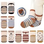 Auranso Baby Socks 5 Pairs Boys Winter Warm Terry Non Slip Grip Socks Girls Cartoon Pattern Thick Thermal Toddler Socks with Grips Penguin Fox Bear, Color-A, 6-12 Months