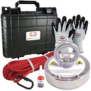 Brute Magnetics 575 lb Magnet Fishing Kit | Includes Single Sided Rare Earth Neodymium Magnet, Waterproof Carry Case, 65ft Rope with Heavy Duty Carabiner, Gloves, and Threadlocker