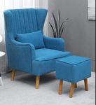 PHIRKCRAFT Solid Wood Wing Chair for Living Room, Arm Chair with Ottoman/Footrest for Bedroom, Velvet Accent Chair with Pouffes, High Back Occasional Tub Chairs with Foot Stool, Dark Blue