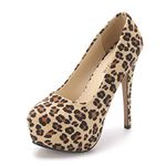 OCHENTA Women's Round Toe Stiletto High Heel Platform Slip On Pumps Suede Leopard Asian Size 38 - UK B(M) 5