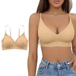 Btofellin Bra for Women Seamless Comfort Bras Wireless Padded Removable Bra Adjustable Strap Bralettes Sexy Deep V-Neck Everyday Basic for Yoga Fitness Exercise Nude