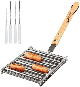 Rolling Sausage Grill Stainless Steel BBQ Hot Dog Rolling Rack with Long Wooden Handle and 4 Skewers for Outdoor Grill, 5 Hotdog Capacity, Medium