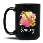 Personalized Name Saxophone Black Coffee Mug Gifts for Sax Player Music Teacher Saxophone Band, Customized Sax Musical Ceramic Coffee Cup 11 Oz 15 Oz, Sax Player Mug, Saxophone Musical Instrument Mug