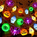 5-IN-1 Battery Operated Halloween Lights, Spooky Indoor Outdoor Halloween Decorations,Pumpkin Ghost Skull Bat Eyeball String Lights for Halloween Party Garland Wreath Fireplace Porch Window Door Decor