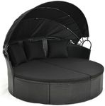 Tangkula Outdoor Patio Round Daybed with Retractable Canopy, Black Rattan Wicker Furniture Sectional Seating with Cushions and Throw Pillows, Seating Separates Cushioned Seats for Backyard (Black)