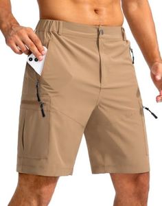 Pudolla Men's Hiking Cargo Shorts 9" Lightweight Outdoor Work Shorts for Men Travel Golf Camping Casual with 5 Zipper Pockets(Dark Khaki Large)