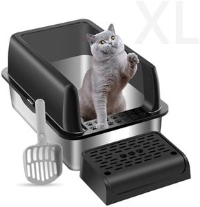 Menbyci Stainless Steel Cat Litter Box with Lid Footboard,Metal Extra Large Litter Box Self Cleaning,High Side Enclosure Cat Litter Tray for Big Kitty,Cat Scooper for Litter Boxes,24x16x12in (Black)