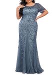 Ever-Pretty Plus Women's Glitter Round Neck Short Sleeves Embroidery Mermaid Plus Size Formal Dresses 07708-DA, Dusty Navy, 14