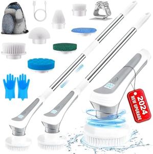 TOPALL Brosse Nettoyage Electrique Rotative,Brosse Menage Electrique,avec 7 Têtes Brosse et Gants Silicone,Longueur Extensible 60-130cm et 2 Vitesses,pour Salle de Bain,Carrelage et Voiture