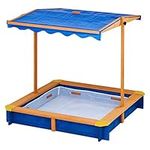 Teamson Kids Wooden Sand Pit with Lid, Large Outdoor Sand Box with Rotatable Canopy Cover for Outdoor Garden, Adjustable Height, Sandbox for Children