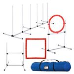 CHEERING PET Dog Obstacle Course, 4 Piece Dog Agility Equipment Includes Dog Jump, Tire Jump, Pause Box and Weave Poles with Carrying Case, Indoor or Outdoor Dog Agility Training