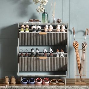 QIVOMIX Shoe Cabinet Storage,Modern Freestanding Organizer with 2 Flip Drawers,Narrow Shoe Rack Cabinet for Entryway,Grey