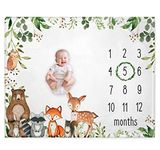 Woodland Baby Monthly Milestone Blanket, Woodland Animals Baby Growth Chart Monthly Blanket, Watch Me Grow Baby Woodland Forest Nursery for New Moms Baby Shower, Includes Marker (50"x40")