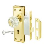 newliplace Gold Mortise Lock Set with Crystal Glass Knob, Antique Door Knobs with Lock and Key, Fit Interior Door, Polished Brass Finish