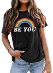 Women's Rainbow Shirt Pride Graphic T Shirts Letter Print Tee Short Sleeve Tops (Grey, XX-Large)