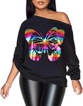 PESION Womens Off The Shoulder Tops Sexy Shiny Shirts Long/Short Sleeves Fashion Graphic T-Shirts Blouses, Black+ Rainbow Butterfly, S