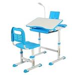 Kids Desk and Chair Set, Height Adjustable Study Table and Chair for Kids, School Home Ergonomic Writing Reading Art Student Children Desk Chair Set with Book-Stand, Drawer, Touch Led Light (Blue)