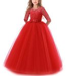 NNJXD Girls Pageant Embroidery Ball Gown Princess Wedding Dress Size (160) 11-12 Years 378 Red