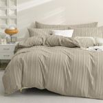 JELLYMONI Khaki Duvet Cover Queen Size - 3PCS Microfiber Boho Striped Tufted Textured Duvet Cover with Corner Ties & Zipper Closure