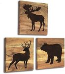 HomeRustique Real Wooden Cabin Decor with Bear, Deer and Moose (Set of 3) - Woodland Rustic Wall Decoration for Home, Log Cabin, Hunting Theme, Mountain Lodge or Bathroom, Animal Pictures Decor