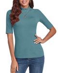 WOWENY Women's Half Sleeve Mock Turtleneck Slim Fitted Basic Stretchy Lightweight T-Shirt Tops Shirts Based Layer Tight Tops Tee,Blue,XL