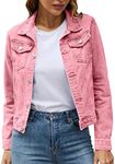 Women's Basic Solid Color Button Down Denim With Pockets Denim Coat Denim Jean Jacket Women, Pink, Large