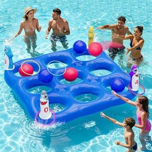 Shark Pool Toys Games Set, 2-in-1 Giant Inflatable Tic Tac Toe Float Game & Ring Toss Game with 10 Balls & 6 Rings, Outdoor Summer Fun Beach Yard Swimming Pool Games for Adults Teens Kids 6+