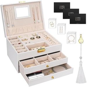 TAVADA Caja Joyero de 3 Niveles,Joyeros Mujer Organizador,Estche de Joyería,Organizador Joyas Cuero PU con 2 Cajones,Incluye 1borla y 3 paño para pulir plata para Pendientes,Anillos,Collares