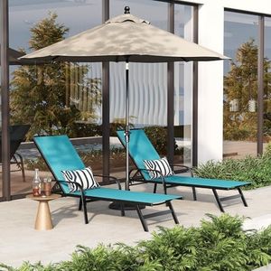 Outdoor Lounge Chair Set of 2 with 5-Position Backrest and Curved Armrests, Adjustable Patio Reclining Chair with Textilene Fabric and Sturdy Metal Frame for Garden, Poolside and Balcony, Sky Blue