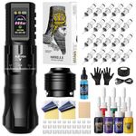 HAWINK Tattoo Kit Tattoo Gun Wireless Tattoo Machine Normal/Stippling Mode 7 Adjustable Stroke 1800mAh Power with RCA Section 20pcs Tattoo Cartridges Needles 7 Colors Ink forTattoo Artists HWE86KIT-1
