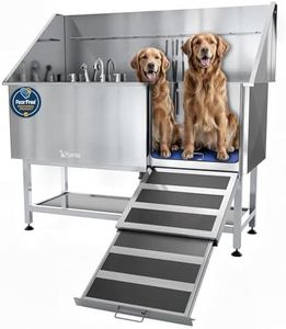 KANIS Professional Stainless Steel Dog Bathing Station - Grooming Tub w/Ramp, Storage Shelf, Floor Grate & Faucet/Dog Bathtub for Large, Medium & Small Pets (61", Right RAMP - Shelf)