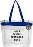 DISCOUNT PROMOS Custom Color Handles Clear Plastic Tote Bags Set of 50, Personalized Bulk Pack - Reusable, Great for Shopping, Grocery, Beach, Picnic, Wedding Favors - Blue