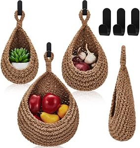 Teardrop Hanging Baskets, Onion Basket Coat Bohemian Storage Fruit Wall Hooks for Kitchen Wall Home Restaurant Garlic Vegetable Wall Planters, 3 Sizes (Linen)