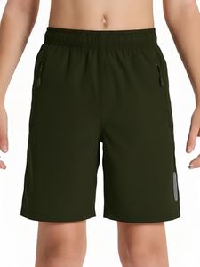 DEVOROPA Youth Boys Athletic Running Shorts Lightweight Quick Dry Sports Workout Gym Hiking Shorts Zip Pockets UPF 50+ Army Green XL