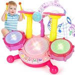 Kids Drum Set, Musical Toys for Kids with 2 Drum Sticks and Microphone, Montessori Educational Instruments Toys for Boys Girls Birthday Gifts (Pink)