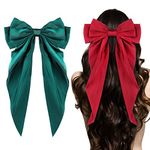 Ambesi Big Bow Hair Clips 2pcs, Long Tail French hair Bows for Women Girl, Satin Silky Bow Hair Barrette, Green Red Bow Hair Dress Up Accessories for Birthday/Party/Show/Christmas