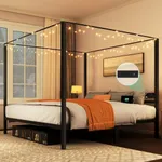 YITAHOME Canopy Bed Frame King, Four Poster Bed with Charge Station & Star-Shaped LED Light, 14 Inch Platform with Built-in Headboard Strong Metal Slat Mattress Support, No Box Spring Needed, Black