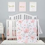 4-Piece Crib Bedding Set for Girls by PINNKKU, Baby Girl Crib Bedding Set, White, Blush Pink Flower Crib Skirt, Blanket, Crib Sheet and Diaper Stacker, Crib Sets for Girls, Baby Bedding