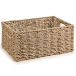 Woodluv Decorative Rectangular Handwoven Natural Seagrass Decor Storage Gift Hamper Display Basket With Inset Handles, Large, 34 x 23 x 15 cm (L/W/H)