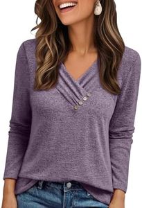 AUTOMET Womens Long Sleeve Tunic Top V Neck Button Shirts 2026 Dressy Casual Business Blouses Purple XXL