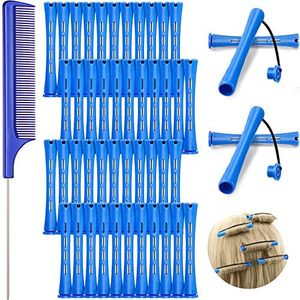 48 Pieces Hair Perm Rods Cold Wave Rods Plastic Perming Rods Curlers Hair Rollers with Steel Pintail Comb Rat Tail Comb for Hairdressing Styling Tools (Blue, 0.35 Inch/ 0.9 cm)