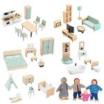 Wooden Dollhouse Furniture Set, 36pcs Furnitures with 4 Family Dolls, Blue Dollhouse Accessories Pretend Play Furniture Toys for Boys Girls & Toddlers 3Y+