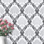 Dimoon 197’’x17.7’’ White Black Peel and Stick Wallpaper Thicken Removable Damascus Wall Paper Flower Damask Wallpaper Black White Contact Paper Wall Covering Embossed Self Adhesive Shelf Vinyl Roll