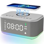 Fansbe Tech Alarm Clock Speaker Wireless Charger, Digital Alarm Clocks Bedrooms Bluetooth, Alarm Clock Dimmable Light Bedrooms Dual Alarm Snooze Dimmer 12 24H RGB Night Light Bluetooth USB AUX, Gray