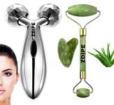 ZDIPE 3D Manual Roller Face Body Massager 360 Rotate With Anti Aging 100% Natural Jade Roller and Gua Sha Stone set Facial Skin care 3 in 1 Massage Tool Kit for Facial and Body