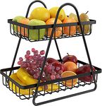 Ezzu Crafts 2-Tier Countertop Fruit Basket for Kitchen Metal Fruit Bowl Bread Basket Vegetables Storage Organizer Holder, Black