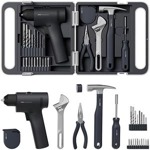 HOTO 25PCS Household Tool Kit with 16V Brushless Drill, Smart Display, 442 In-lbs Torque, 32 Torque Settings, USB-C Charging, LED Light, Includes Hammer, Wrench, Pliers, 8 x Drill Bits, 10 x Bits